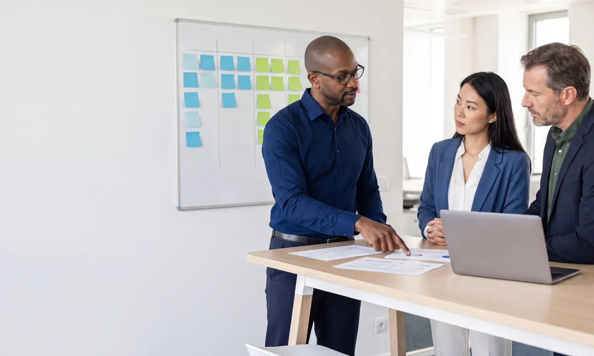 Équipe travaillant sur un tableau de management visuel dans une salle de réunion